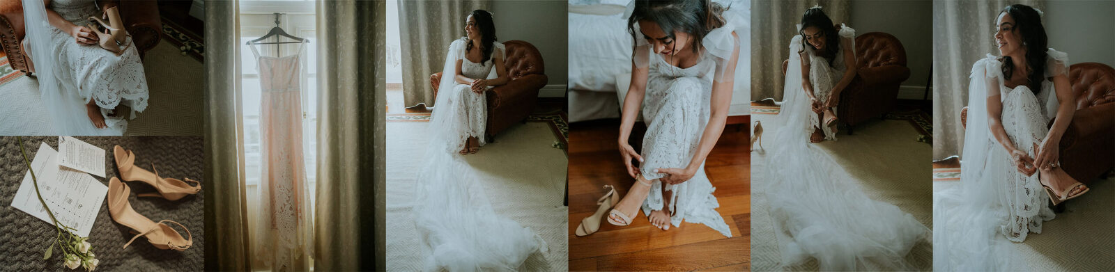 Varias fotos de uma noiva se arrumando